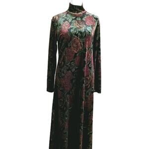 Vtg Crushed Velvet Maxi Floral Dress L/S M Dark Fairy Whimsygoth Y2K 90s Roses
